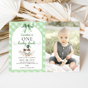 Green One Lucky Duck 1st Birthday Photo Invitation