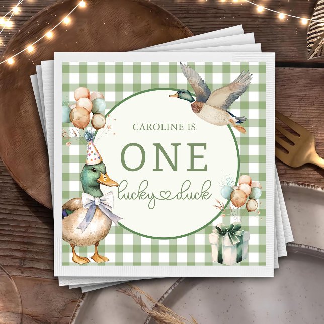 Green One Lucky Duck Balloon 1st Birthday Napkins (Creator Uploaded)