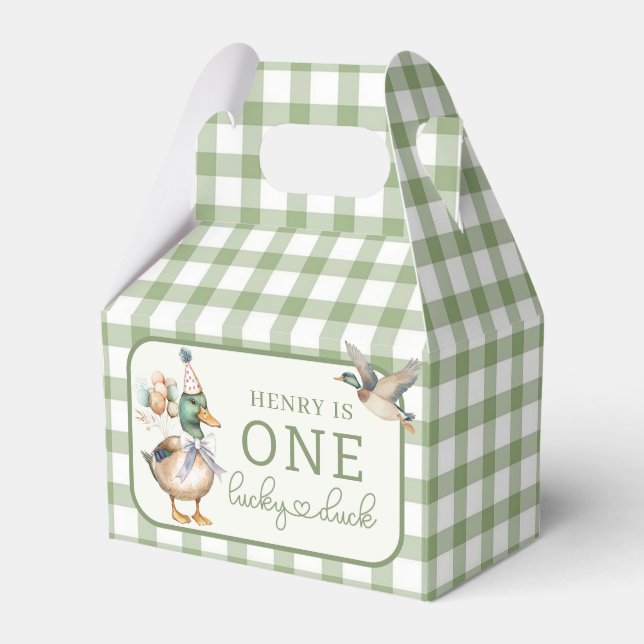 Green One Lucky Duck Balloon Birthday Favour Box (Front Side)