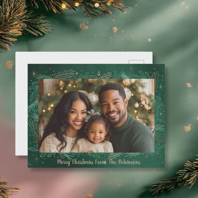 Green One Photo Christmas Holiday Postcard (Green and Gold Christmas Photo Postcard)