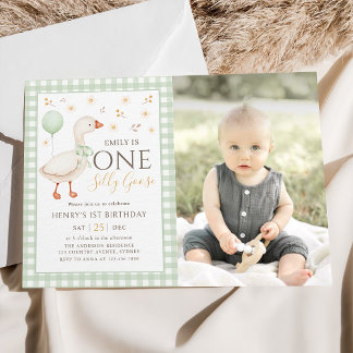 Green One Silly Goose 1st Birthday Photo Invitation