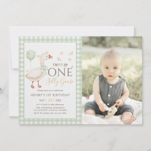 Green One Silly Goose 1st Birthday Photo Invitation