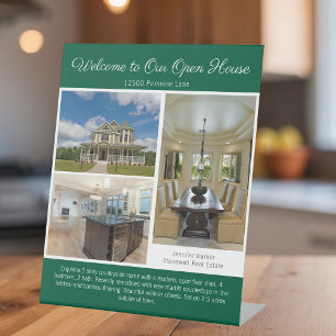 Green Open House Real Estate Listing Photo Pedestal Sign