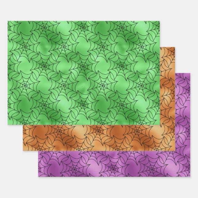 Green, Orange, and Purple Spider Web Patterns Wrapping Paper Sheet (Set)