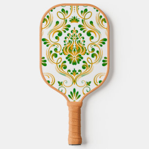 Green Orange and White Damask Floral Pickleball Paddle