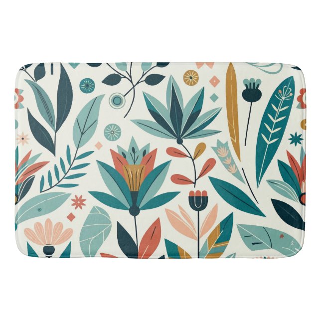 Green Orange Bold Modern Floral Print Pattern Bath Mat (Front)