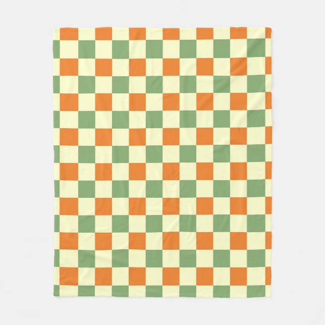 Green Orange Brown Chequered Gingham Pattern Fleece Blanket (Front)