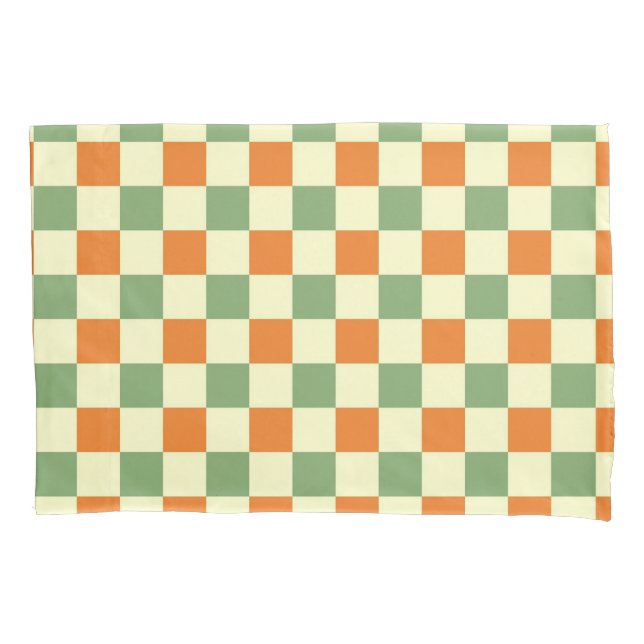 Green Orange Brown Chequered Gingham Pattern Pillowcase (Front)