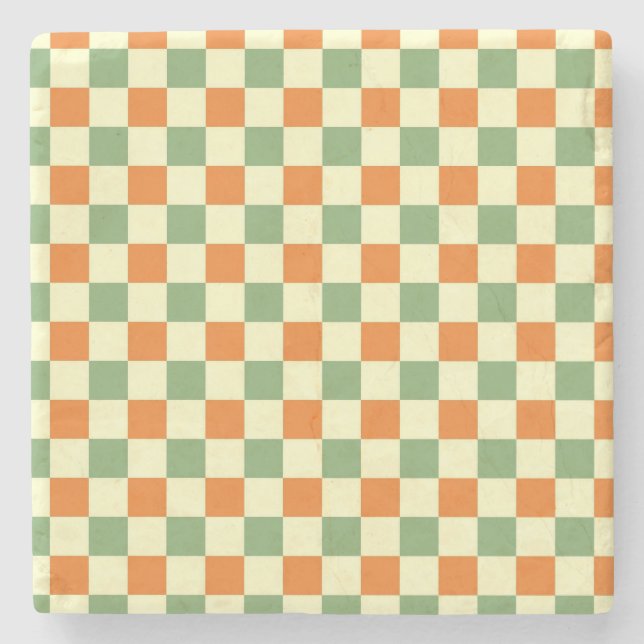 Green Orange Brown Chequered Gingham Pattern Stone Coaster (Front)