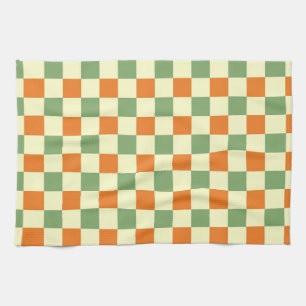 Green Orange Brown Chequered Gingham Pattern Tea Towel