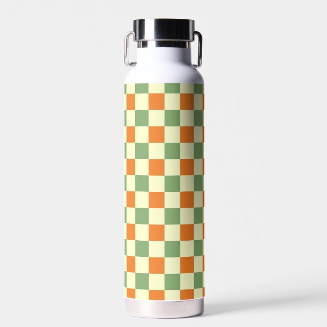 Green Orange Brown Chequered Gingham Pattern Water Bottle (Front)