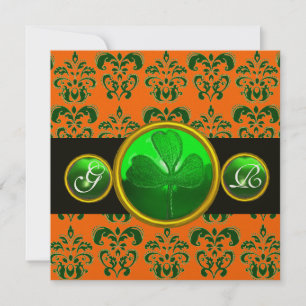 GREEN ORANGE DAMASK ,SHAMROCK MONOGRAM black Invitation