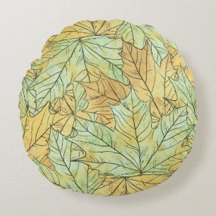 GREEN & ORANGE FALL LEAVES ROUND CUSHION