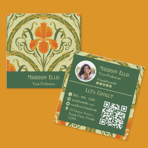 Green & Orange Floral Retro Feminine  Square Business Card