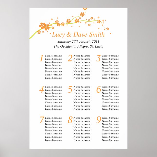 Green & Orange Flower Wedding Table Seating Plan Poster (Front)