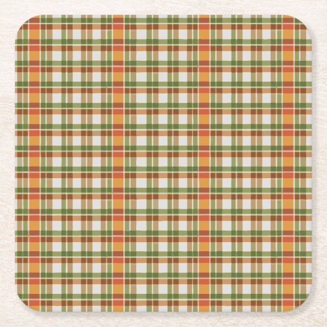 Green Orange Gingham Square Paper Coaster (Front)