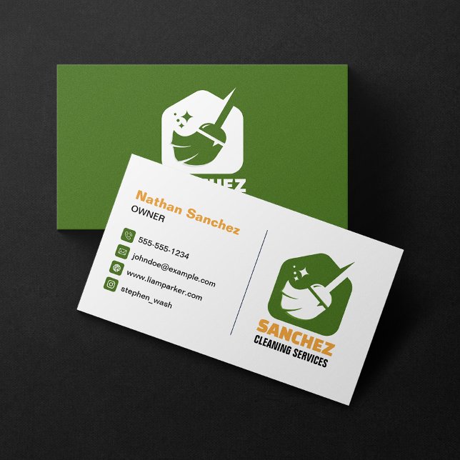 Green Orange House Cleaning Office School Cleaning Business Card (Creator Uploaded)