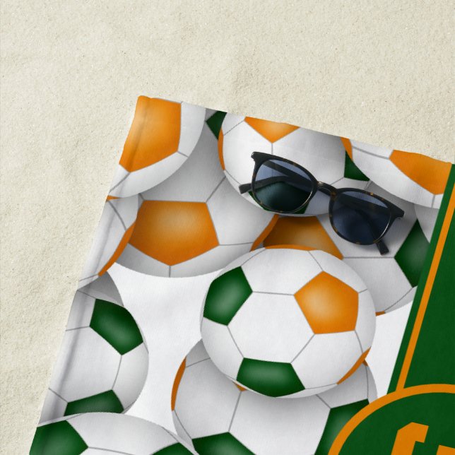 Green orange kids soccer team colours custom gifts beach towel (In Situ)