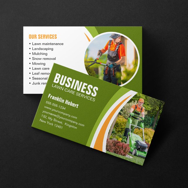 Green Orange Lawn Care Landscaping Mowing Business Card (Creator Uploaded)