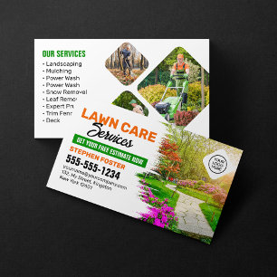 Green & Orange Lawn Care Landscaping Mowing Grass Business Card