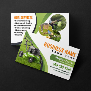Green, Orange Lawn Care Landscaping Mowing Service Business Card