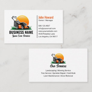 Green Orange Lawn Mower Landscaping Service Business Card