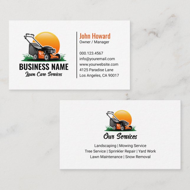 Green Orange Lawn Mower Landscaping Service Business Card (Front/Back)