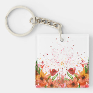 Green & Orange Modern Abstract Floral Key Ring