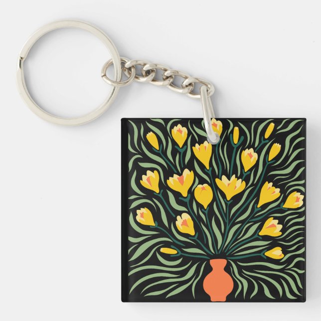 Green & Orange Modern Abstract Floral Key Ring (Front)