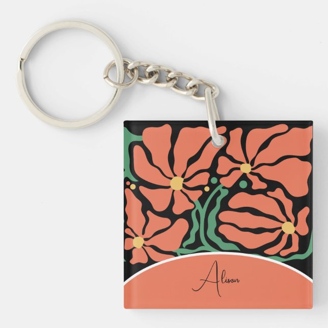 Green & Orange Modern Abstract Floral Key Ring (Front)