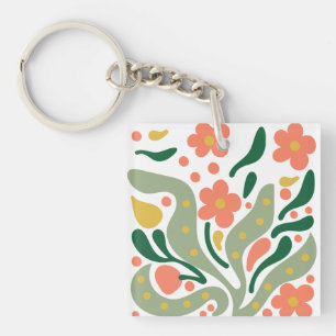 Green & Orange Modern Abstract Floral Key Ring