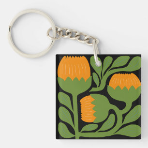 Green & Orange Modern Abstract Floral Key Ring