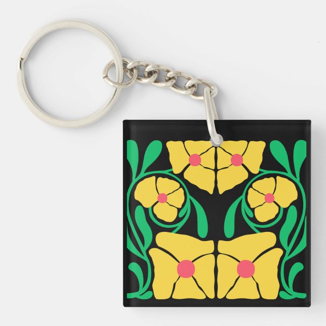 Green & Orange Modern Abstract Floral Key Ring (Front)