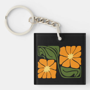 Green & Orange Modern Abstract Floral Key Ring
