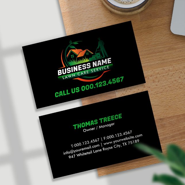 Green Orange Modern Lawn Care Landscaping Service Business Card (Creator Uploaded)