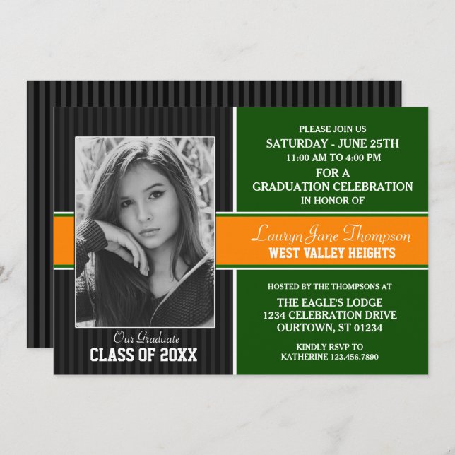Green|Orange Photo Graduation Party Invitation (Front/Back)