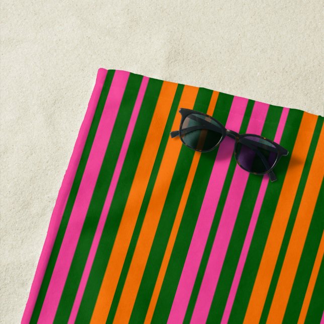 Green Orange Pink Vertical Stripes Design   Beach Towel (In Situ)