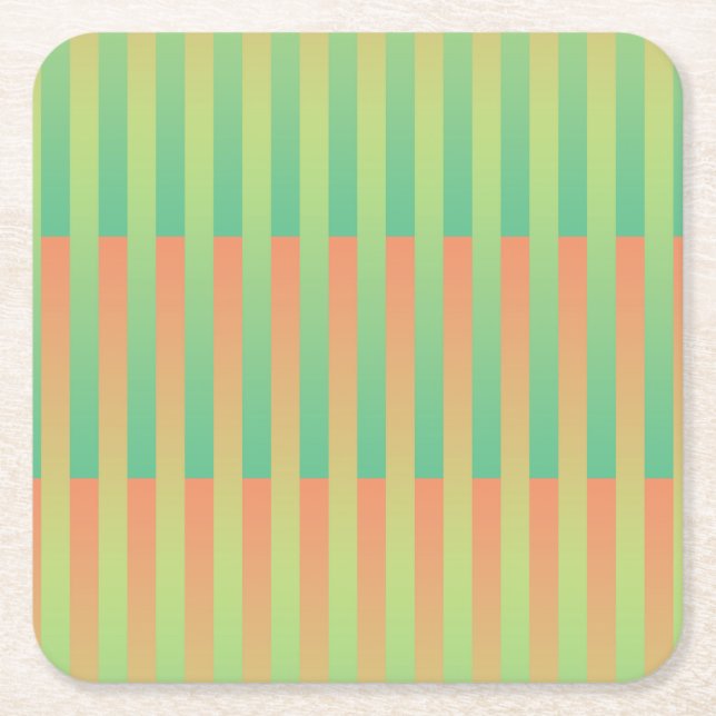 Green Orange Striped Pattern Square Paper Coaster (Front)