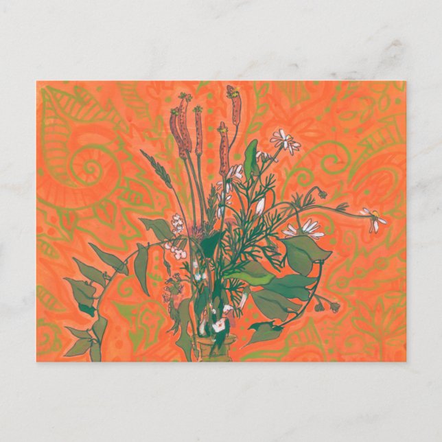 Green & Orange  Summer Wildflowers Floral Painting Postcard (Front)