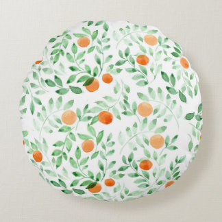 Green Orange Tangerine Provence Watercolor Round Cushion