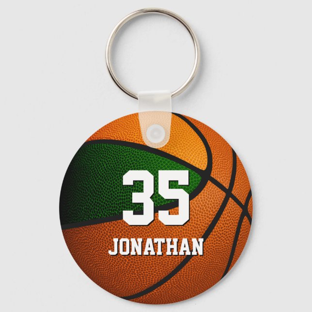 green orange team colours boys girls basketball key ring (Front)
