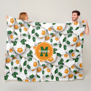 green orange team colours soccer balls pattern fleece blanket