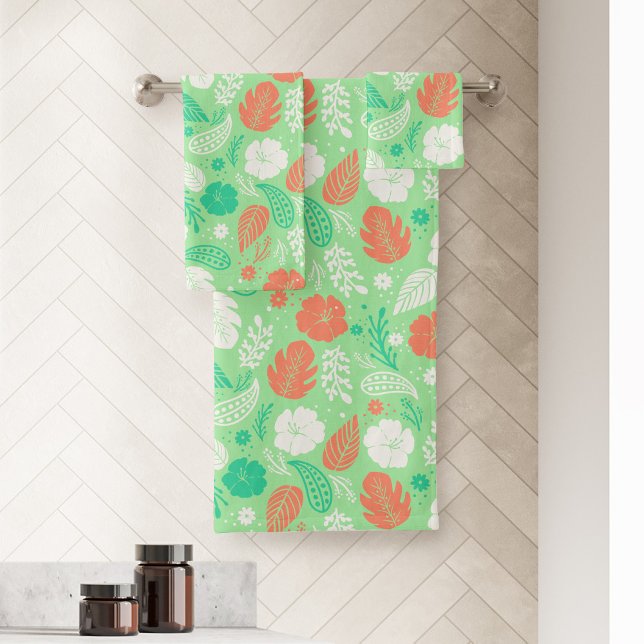 Green & Orange Tropical Foliage Pattern Bath Towel Set (Green & Orange Hibiscus and Paisley Pattern Bath Towel Set)
