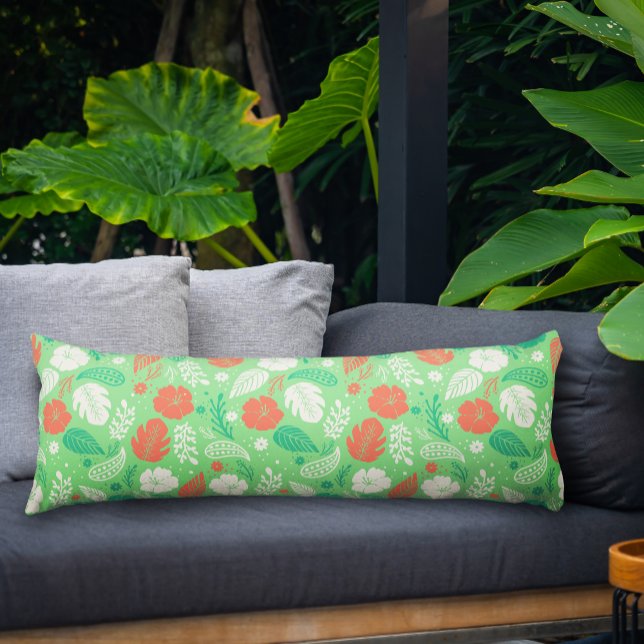 Green & Orange Tropical Foliage Pattern Body Cushion (Hibiscus & Paisley Tropical Pattern in Green Body Pillow)