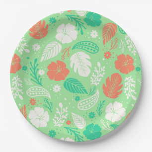 Green & Orange Tropical Foliage Pattern Paper Plate