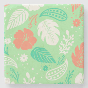 Green & Orange Tropical Foliage Pattern Stone Coaster