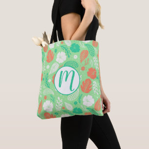 Green & Orange Tropical Foliage Pattern Tote Bag