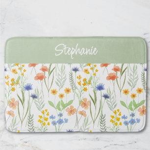 Green Orange Watercolor Wildflower Bath Mat