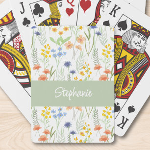 Green Orange Watercolor Wildflower Monogram Name Playing Cards