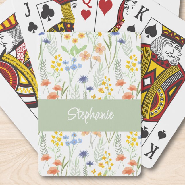 Green Orange Watercolor Wildflower Monogram Name Playing Cards (Creator Uploaded)